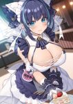  1girl :3 animal_ears azur_lane bare_shoulders black_hair blue_eyes blurry breasts cake cake_slice cat_ears cheshire_(azur_lane) cleavage closed_mouth depth_of_field detached_sleeves dress fake_animal_ears food frilled_dress frills headdress highres large_breasts looking_at_viewer multicolored_hair neck_ribbon ribbon short_hair smile solo streaked_hair two-tone_dress two-tone_hair white_dress wing_collar wrist_cuffs xe_(execut3r) 