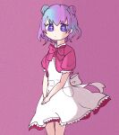  +_+ 1girl :&gt; animal_crossing animal_ears apron bear_ears bear_girl blue_hair commentary_request gradient_hair highres judy_(animal_crossing) multicolored_hair personification pink_skirt purple_hair skirt smile solo upper_body user_awjy7784 v waist_apron 