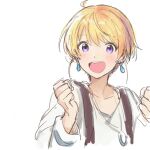  1boy blonde_hair blush earrings harukawa_(aonori1022) idolmaster idolmaster_side-m jewelry long_sleeves looking_at_viewer male_focus open_mouth pierre_bichelberger purple_eyes shirt short_hair sketch smile solo suspenders white_background white_shirt 