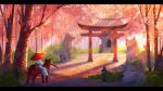 1girl artist_request character_request cherry_blossoms copyright_request covered_face deviantart japanese_clothes lamp leaf non-web_source oil-paper_umbrella temple tree umbrella 