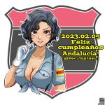  1girl andalucia_(girls_und_panzer) aoshidan_school_uniform artist_logo bangs birthday black_hair blue_shirt breasts brown_eyes cleavage commentary cropped_arms cropped_torso dark-skinned_female dark_skin dated emblem front-tie_top girls_und_panzer gloves happy_birthday index_finger_raised large_breasts looking_at_viewer nishi_itsumi open_mouth outline partially_unbuttoned school_uniform shirt short_hair short_sleeves smile solo spanish_flag spanish_text suspenders translated wavy_hair white_gloves white_outline 