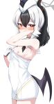  1girl alternate_costume bare_shoulders black_hair blue_archive breasts dress gloves highres kayoko_(blue_archive) looking_at_viewer machismo_fuji multicolored_hair nipples no_bra one_breast_out ponytail red_eyes small_breasts sweat two-tone_hair white_dress white_gloves white_hair 