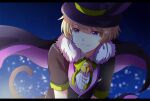  1boy black_jacket blonde_hair cat_boy cat_tail collared_shirt green_ribbon harukawa_(aonori1022) hat idolmaster idolmaster_side-m jacket looking_at_viewer male_focus necktie pierre_bichelberger purple_eyes ribbon shirt short_hair solo tail white_shirt witch witch_hat 