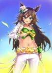  :d absurdres animal_ears blue_eyes breasts brown_hair choker commentary_request cowboy_shot crop_top green_shirt hair_between_eyes hair_ornament hairclip highres horse_ears horse_girl jacket long_hair long_sleeves looking_at_viewer medium_breasts midriff mr._c.b._(umamusume) navel no_nose open_clothes open_jacket open_mouth pants partial_commentary shirt smile standing stomach strapless strapless_shirt thighs umamusume very_long_hair white_jacket white_pants yakushi_guremaru 