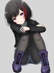 1girl arms_on_knees bang_dream! black_hair black_jacket bob_cut boots commentary denim denim_shorts grey_background grey_sweater highres jacket knees_up leather leather_jacket long_sleeves looking_at_viewer mitake_ran multicolored_hair noshimurin pantyhose purple_eyes purple_footwear red_hair ribbed_sweater short_hair short_shorts shorts simple_background sitting solo streaked_hair sweater turtleneck turtleneck_sweater 