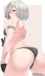  1girl bare_shoulders black_gloves blue_eyes blush breasts duplicate gloves grey_hair highres jjune large_breasts looking_at_viewer original pixel-perfect_duplicate short_hair smile solo swimsuit thighs white_background 