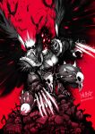  1girl armor black_hair blood breastplate breasts claws corvus_corax feathers gauntlets genderswap genderswap_(mtf) greaves highres large_breasts laurels power_armor power_claw primarch raven_guard ryuusei_(mark_ii) short_hair shoulder_armor signature skull solo warhammer_40k weapon wings 