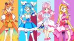  1boy 3girls bangs blonde_hair blue_background blue_eyes blue_hair blush bow breasts brown_hair check_commentary check_translation commentary_request cure_butterfly cure_prism cure_sky cure_wing dress hair_ornament hat highres hijiri_ageha hirogaru_sky!_precure long_hair long_sleeves looking_at_viewer magical_boy magical_girl multiple_girls nijigaoka_mashiro one_eye_closed open_mouth orange_background pink_background pink_hair precure simple_background skirt smile sora_harewataru translation_request user_ughu2584 very_long_hair 