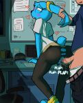  blue_body bonbon_(roommates) clothing duo female five_nights_at_freddy&#039;s genitals hi_res human lagomorph leggings legwear leporid male male/female mammal mike_schmidt office pussy rabbit roommates:motha scottgames zorroenojado 