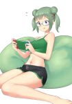  1girl alternate_costume bare_shoulders breasts casual fire_emblem fire_emblem_fates glasses green_hair highres igni_tion medium_breasts midori_(fire_emblem) navel nintendo_switch playing_games purple_eyes short_twintails shorts tongue tongue_out twintails 