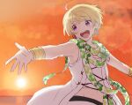  1boy blonde_hair earrings facing_viewer green_scarf harukawa_(aonori1022) idolmaster idolmaster_side-m jewelry looking_to_the_side male_focus multicolored_clothes multicolored_scarf open_mouth pierre_bichelberger purple_eyes scarf shirt short_hair sleeveless smile solo vest white_scarf white_shirt white_vest 