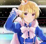  1boy blonde_hair blue_jacket blush cape closed_mouth crown earrings fur-trimmed_cape fur_trim harukawa_(aonori1022) idol_clothes idolmaster idolmaster_side-m jacket jewelry long_sleeves looking_at_viewer male_focus mini_crown pierre_bichelberger purple_eyes short_hair smile solo white_cape 