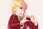  1boy blonde_hair blush collared_shirt harukawa_(aonori1022) head_tilt heart heart_hands idolmaster idolmaster_side-m jacket looking_at_viewer male_focus one_eye_closed pierre_bichelberger purple_eyes red_jacket shirt short_hair solo striped striped_jacket white_background white_shirt 