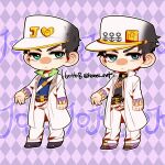  2boys argyle argyle_background belt black_hair blue_eyes chibi coat diamond_wa_kudakenai dual_persona green_eyes hat hat_ornament jojo_no_kimyou_na_bouken kujo_jotaro male_focus multiple_boys tianel_ent turtleneck v-shaped_eyebrows white_coat white_headwear 