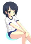  1girl black_hair blue_buruma blue_eyes blush buruma collarbone gym_shorts gym_uniform hand_on_own_knee highres kapy light_frown nagi_no_asukara shiodome_miuna shirt short_hair short_sleeves shorts simple_background sitting solo white_background white_shirt 