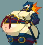  2020 :3 anthro bakugan_(bigberry_dragon) belly big_belly blue_body blue_clothing blue_fur blush blush_lines bottomwear breasts clothing featureless_breasts female fire fur generation_2_pokemon hage hi_res holding_katana holding_object holding_sword holding_weapon huge_hips huge_thighs katana looking_at_viewer melee_weapon motion_lines multicolored_body multicolored_fur nintendo pokemon pokemon_(species) purple_clothing quilava red_eyes slightly_chubby smile smug solo sword tan_body tan_fur thick_thighs topwear two_tone_body two_tone_fur weapon yellow_clothing 