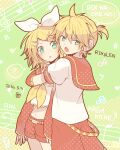  1boy 1girl arm_warmers belt blonde_hair bow detached_sleeves furrowed_brow green_eyes hair_bow hair_ornament hairclip hana_(mew) headset kagamine_len kagamine_rin midriff parted_lips sailor_collar short_hair shorts vocaloid 