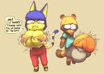  animal_crossing ankha_(animal_crossing) anthro areola balls balls_outline big_balls big_breasts big_penis blue_hair bodily_fluids bottomwear breasts brown_areola brown_body bursting_out_of_clothing canid canine clothing dipstick_tail domestic_cat duo english_text exclamation_point felid feline felis female footwear frown genital_outline genitals hair huge_balls huge_breasts huge_penis hyper hyper_balls hyper_genitalia hyper_penis lactating lactating_through_clothing leg_markings male mammal markings milk nintendo pants penis question_mark raccoon_dog sandals shirt shorts sixsidesofmyhead socks_(marking) striped_markings striped_tail stripes tail tail_markings tanuki text tom_nook_(animal_crossing) topwear wet wet_clothing yellow_body 