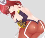  1girl ass back breasts demon_girl demon_horns horns la_pucelle large_breasts looking_at_viewer maou_prier medium_hair prier red_eyes red_hair sawanouchi sideboob simple_background smile solo 