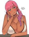  1girl blush bra breasts cleavage commentary dark-skinned_female dark_skin earrings english_text jewelry large_breasts long_hair looking_at_viewer ohasi original pink_(ohasi) pink_hair simple_background solo symbol-only_commentary underwear white_background 