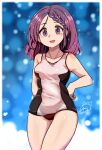  1girl black_one-piece_swimsuit black_survival blush braid braided_bangs breasts commentary_request feet_out_of_frame highres hyejin_(black_survival) kurodani_yamame long_hair looking_at_viewer medium_breasts one-piece_swimsuit open_mouth purple_eyes purple_hair rinyamame shiny_skin smile solo sparkle swimsuit touhou two-tone_swimsuit white_one-piece_swimsuit 