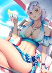  bikini blue_nails breasts cleavage crop_top cup haryudanto highres holding holding_cup hololive jewelry large_breasts lips long_hair midriff navel necklace pavolia_reine side-tie_bikini_bottom sitting smile sunglasses swimsuit white_hair 