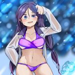  1girl bangs bikini black_survival blue_background blue_eyes blurry blurry_background blush braid braided_bangs breasts collared_shirt commentary_request cowboy_shot hair_between_eyes highres hyejin_(black_survival) kurodani_yamame long_hair looking_at_viewer medium_breasts navel open_clothes open_mouth open_shirt purple_bikini purple_hair rinyamame see-through see-through_shirt shirt smile solo swimsuit touhou uneven_eyes white_shirt 