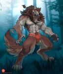  2023 abs anthro arm_tuft biped bodily_fluids brown_body brown_fur brown_hair canid canine claws digital_media_(artwork) digitigrade elbow_tuft fangs forest forest_background fur hair hi_res male mammal muscular muscular_anthro muscular_male nature nature_background outside patto paws pecs plant saliva solo teeth toe_claws tongue tongue_out tree tuft were werecanid werecanine werewolf white_body white_fur yellow_eyes 