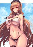  1girl absurdres arm_behind_back azur_lane bangs bare_arms bare_shoulders bikini blue_sky breasts brown_hair commentary cowboy_shot day denchi_more_power detached_collar frilled_hairband frills hairband hand_on_own_chest hand_up highres large_breasts long_hair looking_at_viewer mole mole_under_mouth multi-strapped_bikini navel official_alternate_costume parted_lips red_eyes sky solo standing stomach swiftsure_(azur_lane) swiftsure_(midsummer_special_service)_(azur_lane) swimsuit thighs very_long_hair 