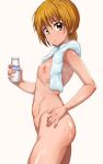  1girl bangs bottle brown_eyes brown_hair closed_mouth commentary completely_nude cowboy_shot flat_chest from_side futari_wa_precure hand_on_hip highres holding holding_bottle looking_at_viewer maki_ikazuya milk_bottle misumi_nagisa navel nipples nude precure short_hair simple_background solo standing towel towel_around_neck wet white_background 