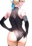  1girl abi_(abimel10) adjusting_clothes adjusting_leotard ass back bangs bare_shoulders black_gloves black_leotard black_thighhighs blonde_hair blue_archive blue_eyes blush bun_cover closed_mouth commentary_request earpiece elbow_gloves facing_to_the_side from_behind gloves hair_bun highres leotard profile short_hair solo sweat thighhighs toki_(blue_archive) white_background 