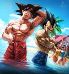  2boys 2girls absurdres arm_up armpits arms_up beach black_eyes black_hair blue_eyes blue_hair blue_one-piece_swimsuit blue_sky breasts bulma chi-chi_(dragon_ball) closed_mouth cloud covered_navel covered_nipples crossed_arms dragon_ball earrings elite_nappa highleg highleg_swimsuit highres house island jewelry kame_house large_breasts long_hair looking_at_viewer male_swimwear multiple_boys multiple_girls muscular muscular_male ocean one-piece_swimsuit one_eye_closed palm_tree shiny_skin short_hair sky smile smirk son_goku spiked_hair standing swim_trunks swimsuit topless_male tree vegeta water yellow_one-piece_swimsuit 