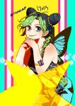  1girl arm_tattoo black_hair blue_eyes braid breasts butterfly_tattoo butterfly_wings commentary_request dated double_bun green_hair green_lips green_nails hair_bun hair_over_shoulder jojo_no_kimyou_na_bouken korean_commentary kujo_jolyne leaning_on_object medium_breasts midriff multicolored_hair navel single_braid smile solo star_(symbol) stone_ocean tattoo tianel_ent twitter_username two-tone_hair wings 