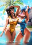  2girls :d absurdres arms_up beach black_eyes black_hair blue_eyes blue_hair blue_one-piece_swimsuit blue_sky breasts bulma chi-chi_(dragon_ball) cloud covered_navel covered_nipples dragon_ball earrings elite_nappa highleg highleg_swimsuit highres house island jewelry kame_house large_breasts long_hair multiple_girls ocean one-piece_swimsuit one_eye_closed open_mouth palm_tree shiny_skin short_hair sky smile standing swimsuit tree water yellow_one-piece_swimsuit 