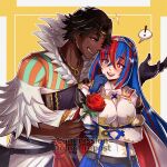  ! 1boy 1girl :d alear_(female)_(fire_emblem) alear_(fire_emblem) black_gloves black_hair blue_eyes blue_hair breasts commentary fire_emblem fire_emblem_engage flower fogado_(fire_emblem) gloves gzei highres holding holding_flower jewelry large_breasts long_hair multicolored_hair necklace open_mouth red_eyes red_flower red_hair red_rose rose shirt single_glove smile spoken_exclamation_mark two-tone_hair upper_body very_long_hair white_shirt yellow_background 