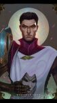  1boy black_hair chest_jewel closed_mouth commentary english_commentary full_moon gem green_gemstone highres holding holding_mask jhin league_of_legends looking_at_viewer mask mechanical_arms moon no_mask short_hair single_mechanical_arm solo thefearmaster 