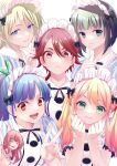  5girls aqua_hair blonde_hair blue_eyes blue_hair double_v dress green_eyes hair_between_eyes highres hououji_akane long_hair looking_at_viewer maid maid_headdress makusawa_ouka megami_no_kafeterasu multiple_girls official_art ono_shiragiku open_mouth orange_hair parted_lips ponytail puffy_short_sleeves puffy_sleeves red_eyes red_hair seo_kouji short_hair short_sleeves smile striped striped_dress tsukishima_riho tsuruga_ami twintails v waitress 