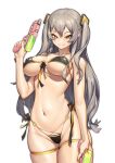  1girl alternate_breast_size alternate_hairstyle bikini black_bikini breasts brown_eyes collarbone covered_nipples cowboy_shot dual_wielding girls&#039;_frontline grey_hair hair_ornament highres holding large_breasts legband long_hair looking_at_viewer micro_bikini ouer_moyu scar scar_across_eye simple_background smile solo swimsuit twintails ump45_(girls&#039;_frontline) water_gun white_background 