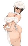  1girl apron ass ass_focus bangs black_nails breasts cleavage covered_nipples crossed_bangs earrings highres hoop_earrings huge_ass huge_breasts jewelry maid_apron naked_apron original sidelocks skin_tight solo thick_thighs thighs throtem white_apron wrist_cuffs 