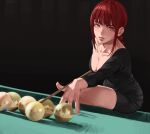  1girl angel_devil_(chainsaw_man) ball bangs billiard_ball billiards black_dress breasts chainsaw_man cleavage denji_(chainsaw_man) dress hayakawa_aki higashiyama_kobeni highres igedd large_breasts looking_at_viewer makima_(chainsaw_man) medium_hair parted_lips pool_table power_(chainsaw_man) red_hair ringed_eyes sidelocks sitting sitting_on_table smile solo table yellow_eyes 