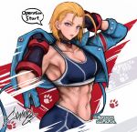  1girl abs blonde_hair blue_jacket breasts cammy_white choker crop_top cropped_jacket cropped_torso english_text fingerless_gloves gloves hershuar jacket looking_at_viewer parted_lips short_hair solo speech_bubble street_fighter street_fighter_6 upper_body 