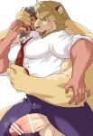  anthro arm_around_waist balls beard big_dom_small_sub black_hair blonde_hair blush bodily_fluids bottomwear bulge censor_bar censored clothing dominant duo erection facial_hair fangs felid finger_in_mouth fur genitals hair hi_res holding_partner human human_on_anthro interspecies kyur4_th_ich larger_anthro larger_male lion male male/male mammal molestation muscular muscular_anthro muscular_human muscular_male necktie nude pantherine pants pecs penis shirt size_difference smaller_human smaller_male sweat teeth tongue tongue_out topwear yellow_body yellow_fur 