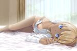  1girl anchon bangs bed_sheet blonde_hair bloom blue_eyes bottomless breasts collarbone curtains dress_shirt groin gyaru highres indoors legs_together lips long_sleeves looking_at_viewer lying medium_breasts morning nipples no_bra on_bed on_side open_clothes open_shirt original shirt sidelocks smile solo sunlight tan tanlines white_shirt window 