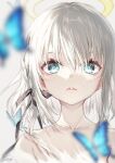  1girl animal bangs black_ribbon blue_eyes blurry blurry_background blurry_foreground bug butterfly collarbone depth_of_field grey_background grey_hair hair_between_eyes hair_ribbon halo long_hair looking_at_viewer nude original parted_lips ribbon satsuki_misuzu solo upper_body 