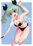  1girl :d alternate_costume anchovy_(girls_und_panzer) ass_visible_through_thighs barefoot bikini black_bikini black_ribbon breasts brown_eyes buchikaki cleavage commentary drill_hair full_body girls_und_panzer green_hair hair_ribbon holding_riding_crop long_hair looking_at_viewer medium_breasts navel ribbon riding_crop smile solo swimsuit twin_drills twintails 