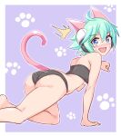  1girl ahoge animal_ears arm_support ass azure_striker_gunvolt bangs bikini black_bikini blue_eyes blush breasts cat_ears cat_tail commentary cougar_(cougar1404) from_side green_hair headgear kneeling leaning_forward looking_at_viewer looking_back medium_breasts open_mouth paw_print purple_background roro_(gunvolt) simple_background smile solo strapless strapless_bikini sweatdrop swimsuit tail 