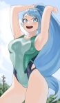  1girl :d absurdres alternate_costume alternate_hairstyle armpits arms_up blue_eyes blue_hair blue_one-piece_swimsuit boku_no_hero_academia cloud covered_navel day fengling_(furin-jp) green_one-piece_swimsuit hadou_nejire high_ponytail highres long_hair looking_at_viewer multicolored_clothes multicolored_swimsuit one-piece_swimsuit open_mouth outdoors sidelocks smile solo standing swimsuit 