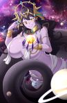  1girl absurdres breasts colored_skin commission crown earth_(planet) egyptian_clothes english_commentary fingernails giant giantess hair_spread_out highres huge_breasts indie_virtual_youtuber jewelry lamia mars_(planet) monster_girl moon planet planetary_ring purple_skin saturn_(planet) scales sharp_fingernails shizeart size_difference solo space sun usekh_collar vexoria_the_sun_eater virtual_youtuber yellow_eyes 
