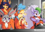  absurd_res angry animal_crossing anthro big_breasts blue_body breasts byghosteduard canid canine canis carmelita_fox cartoon_network collar dialogue disney domestic_cat domestic_dog felid feline felis female five_nights_at_freddy&#039;s five_nights_at_freddy&#039;s:_security_breach fox grey_body group hi_res isabelle_(animal_crossing) lagomorph leporid mammal nicole_watterson nintendo orange_body orange_skin prison_uniform purple_body purple_eyes rabbit roxanne_wolf_(fnaf) scottgames sly_cooper_(series) smile sony_corporation sony_interactive_entertainment sucker_punch_productions the_amazing_world_of_gumball wolf yellow_eyes zootopia 