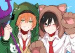  2boys amai_kuro animal_ears animal_hands animal_hood aqua_eyes black_hair blue_background closed_mouth fake_animal_ears fake_horns glasses gloves green_eyes green_hood hood hood_up horns idolmaster idolmaster_side-m iseya_shiki looking_at_viewer male_focus multiple_boys open_mouth orange_hair paw_gloves short_hair smile sweatband teeth wakazato_haruna 